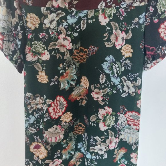 Zara Emerald Green & Burgundy Floral Chiffon Tie Neck Midi Dress - Picture 11 of 15